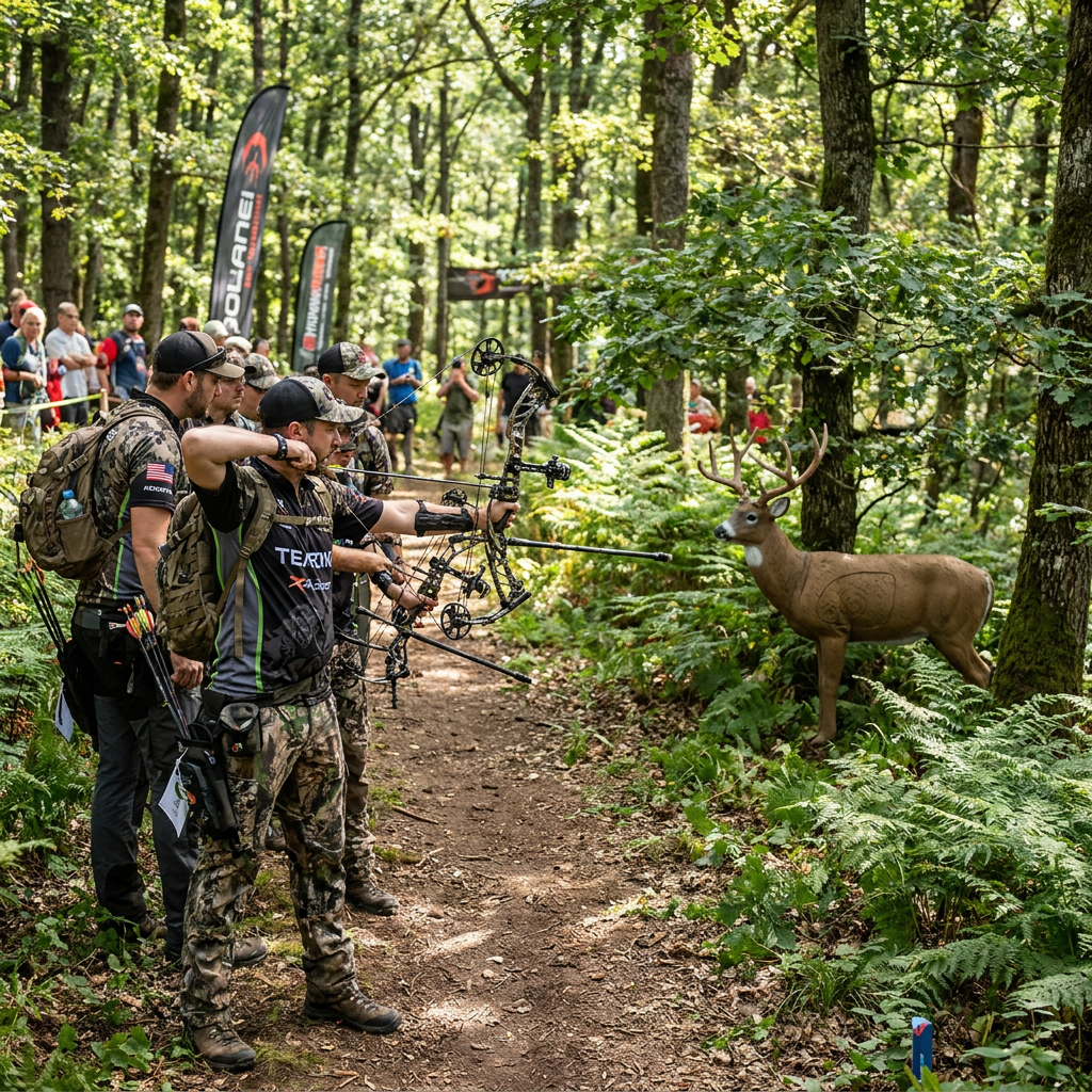 Archers at a 3D outdoor archery competition aiming at a deer target in a forest